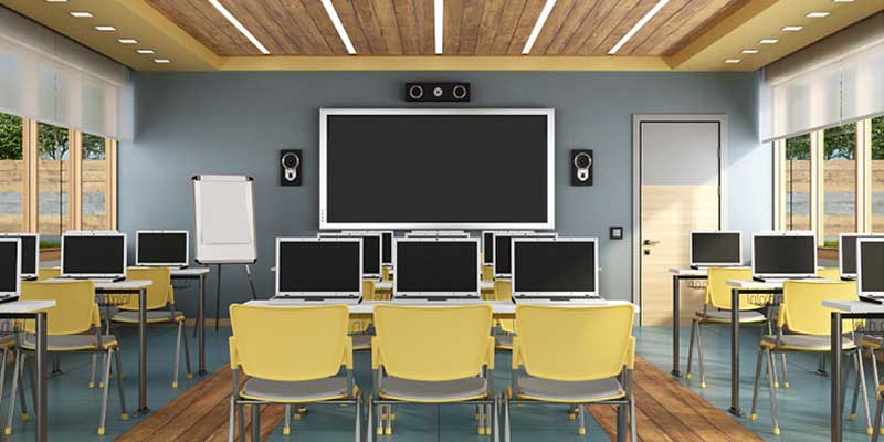 classroom, laptops, chalkboard, technology